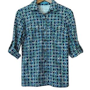 J Mclaughlin Monroe Button Front Catalina Cloth Shirt Geometric Blue Green Sz XS